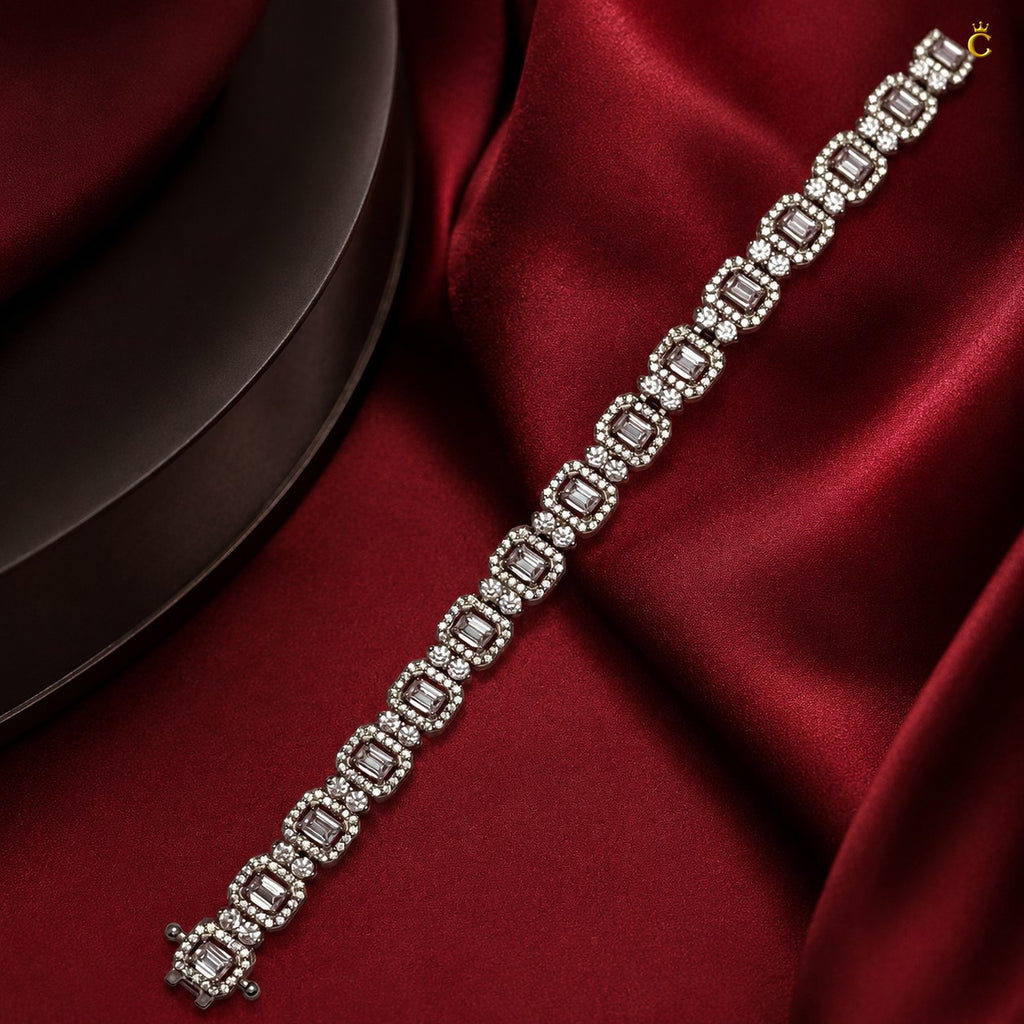 Emerald Cut Halo Diamond Link Silver Bracelet