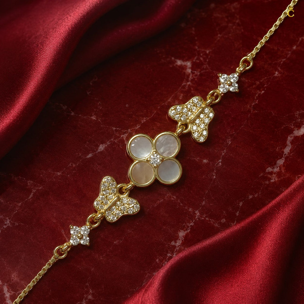 Gold Plated Silver Clover and Butterfly Charm Bracelet