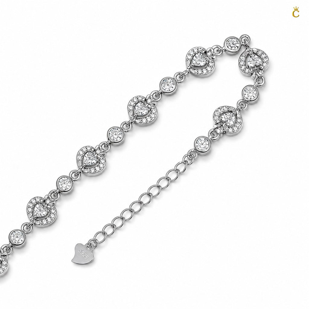 Interlinked Heart and Round Halo Silver Bracelet