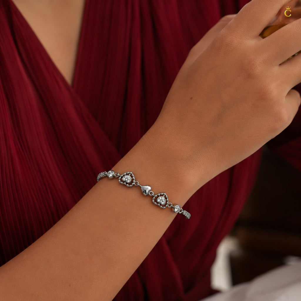 Interlinked Heart Tennis Silver Bracelet