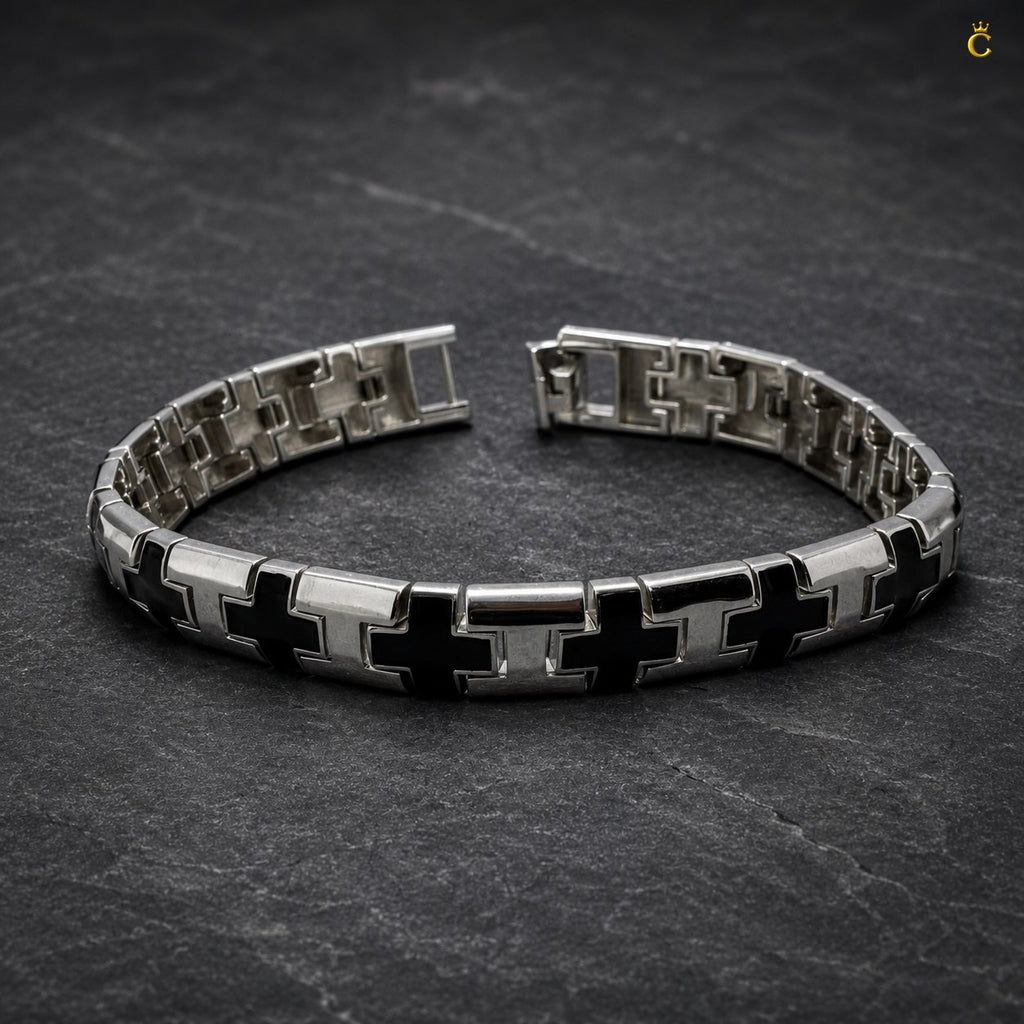 Men's Silver Black Cross Link Bracelet