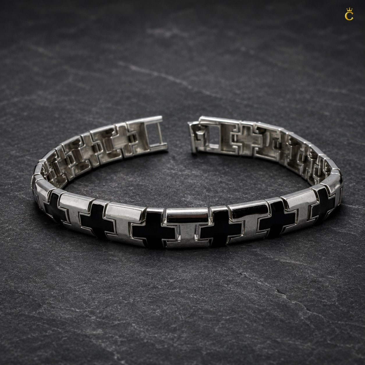 Men's Silver Black Cross Link Bracelet