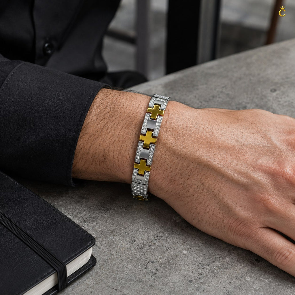 Men's Silver and Gold Toned Link Bracelet with CZ Accents