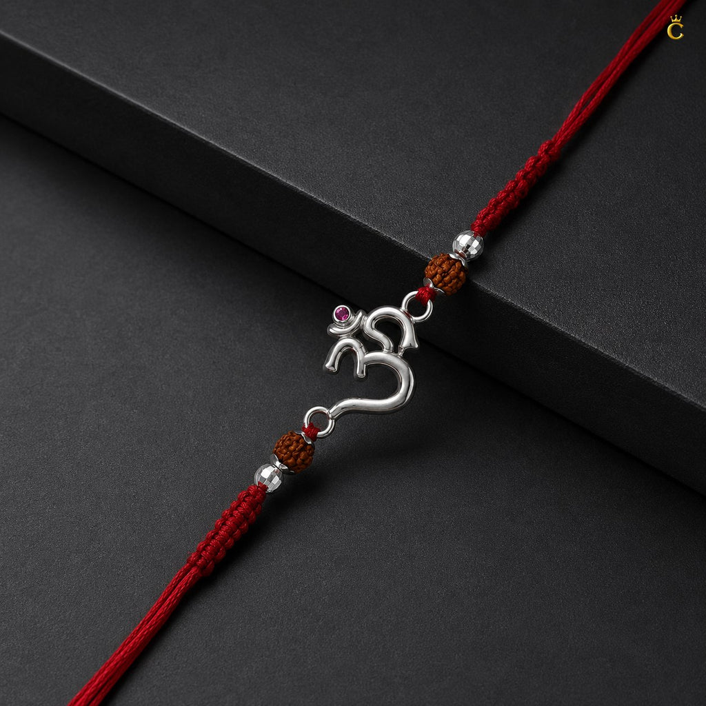 Celestora-Silver Om Rudra with traditional red-yellow sacred thread Rakhi/Bracelet