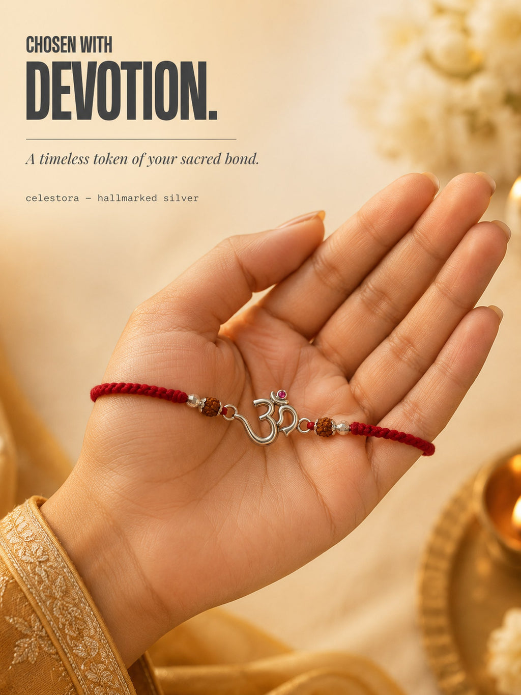 Celestora-Silver Om Rudra with traditional red-yellow sacred thread Rakhi/Bracelet