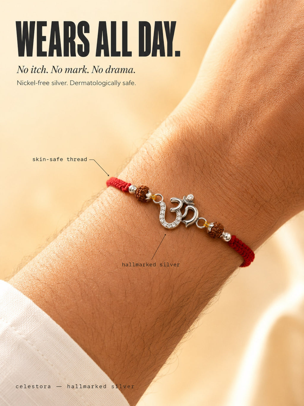 Celestora-Silver Om Rakhi with Rudraksha, CZ stones, and traditional Mauli thread