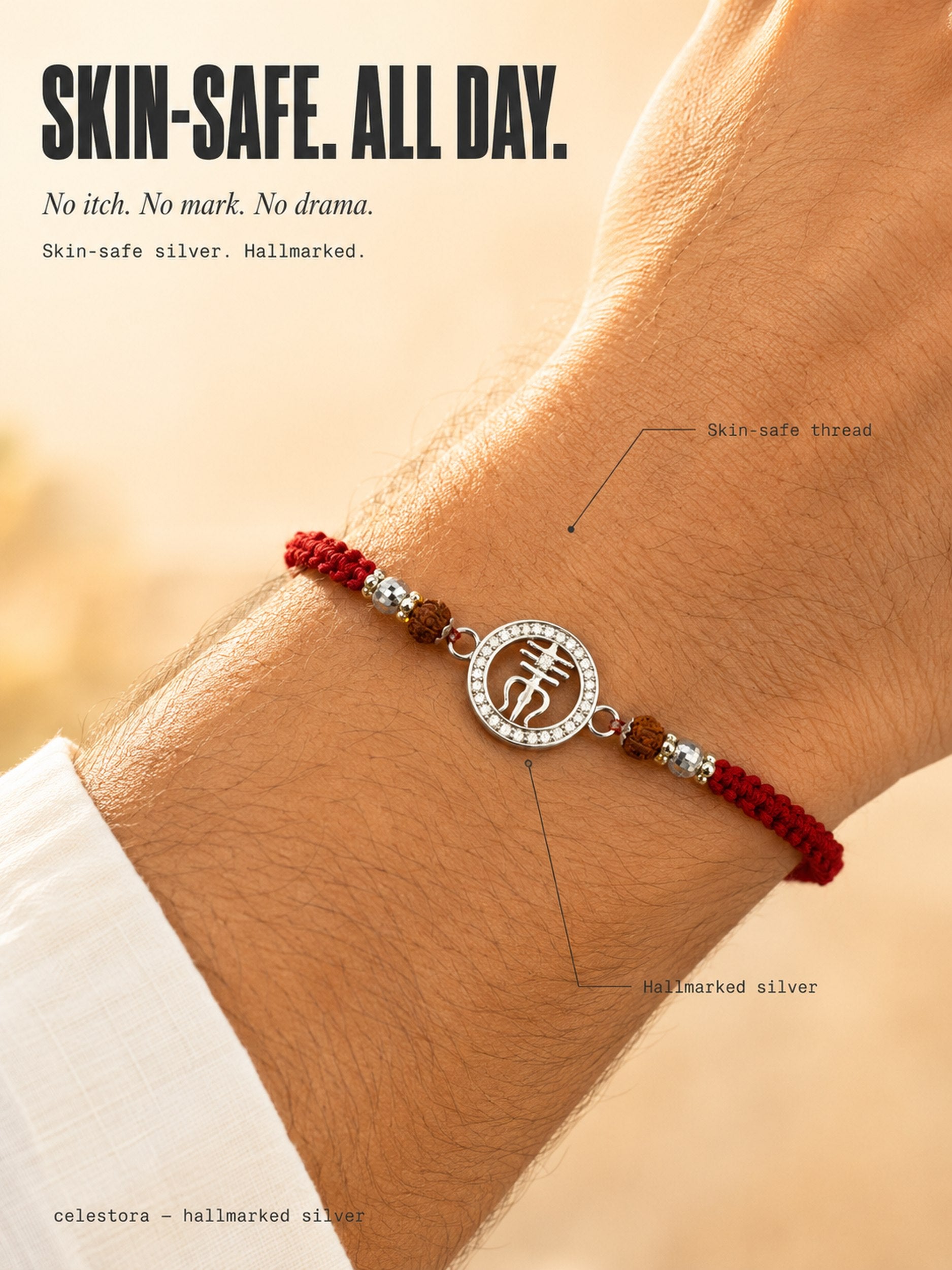 Silver Trishul Rakhi with Rudraksha and CZ stone & Mauli Dhaga