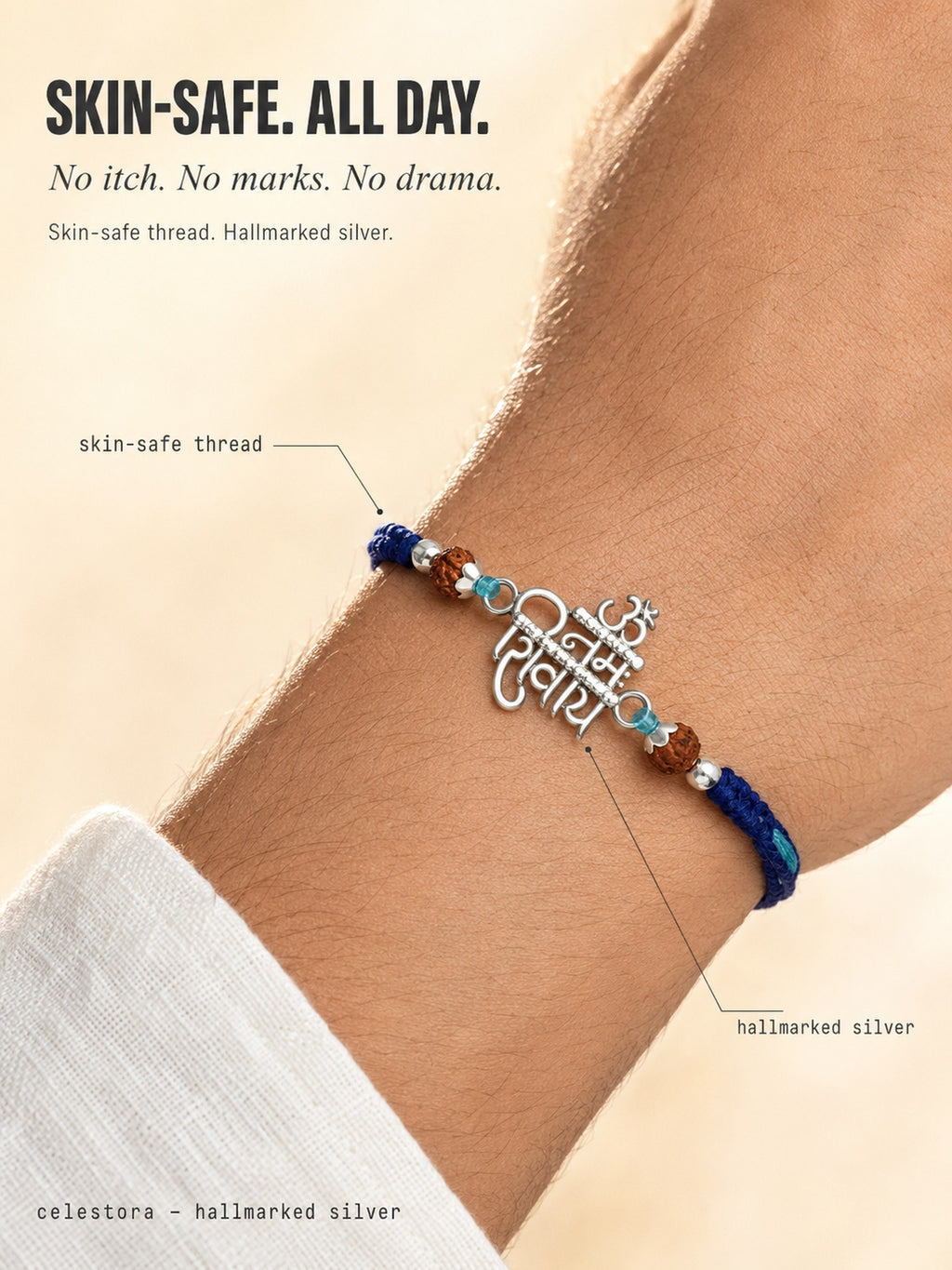 Celestora-Silver "Om Namah Shivaya" Rakhi/ Bracelet with glittering CZ stones, Rudraksha beads, and a blue sacred thread