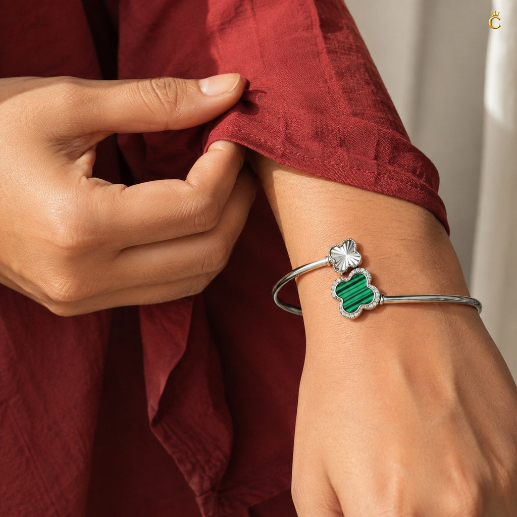 Celestora-Silver Green Clover Open Cuff / Band (Van Cleef inspired)