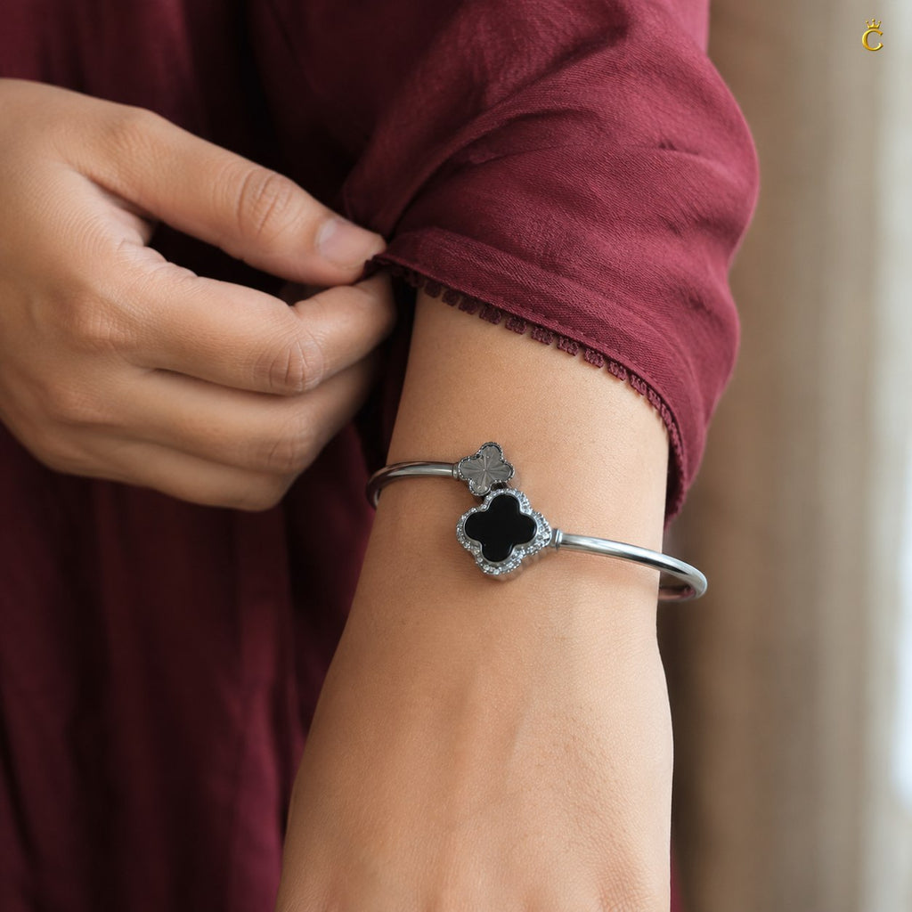 Celestora-Silver Open Cuff/Kada with a Black & Silver clover motif Vancliff design