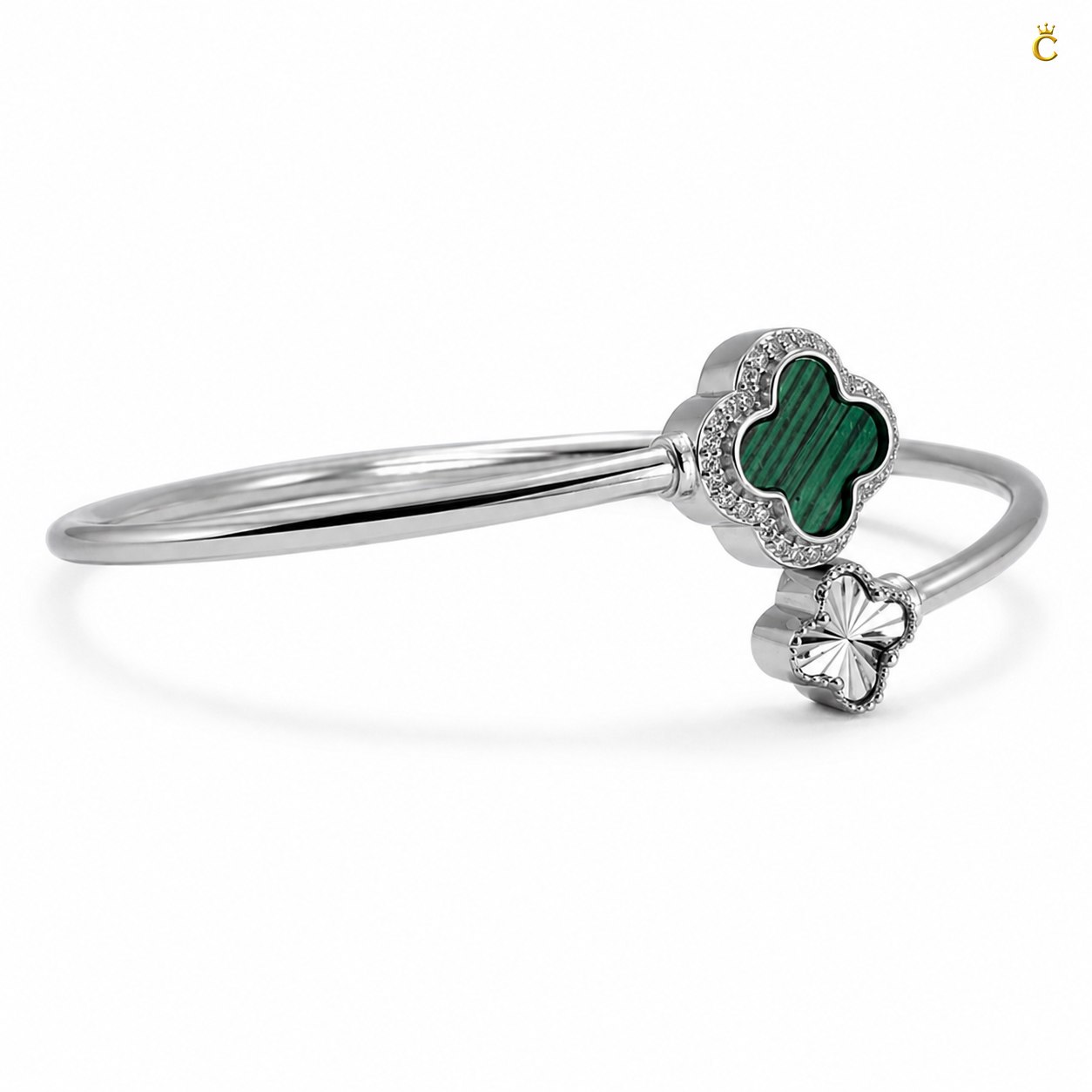 Celestora-Silver Open Cuff /Kada Van-cliff design with a Green & Silver clover motif