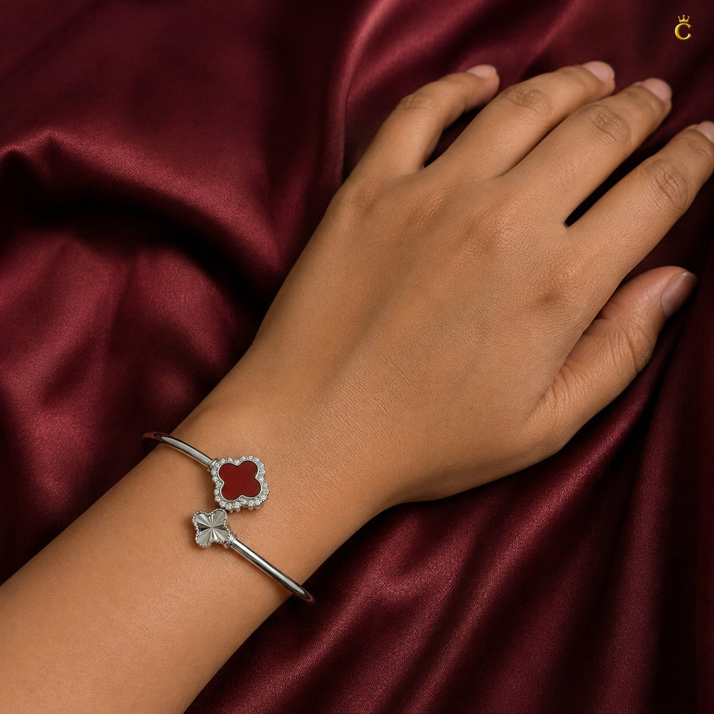 Celestora- Silver Van cliff design Ruby Clover Open cuff/ Kada