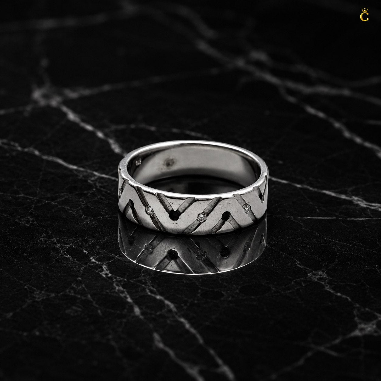 ZigZag Ring Men With Black Stone