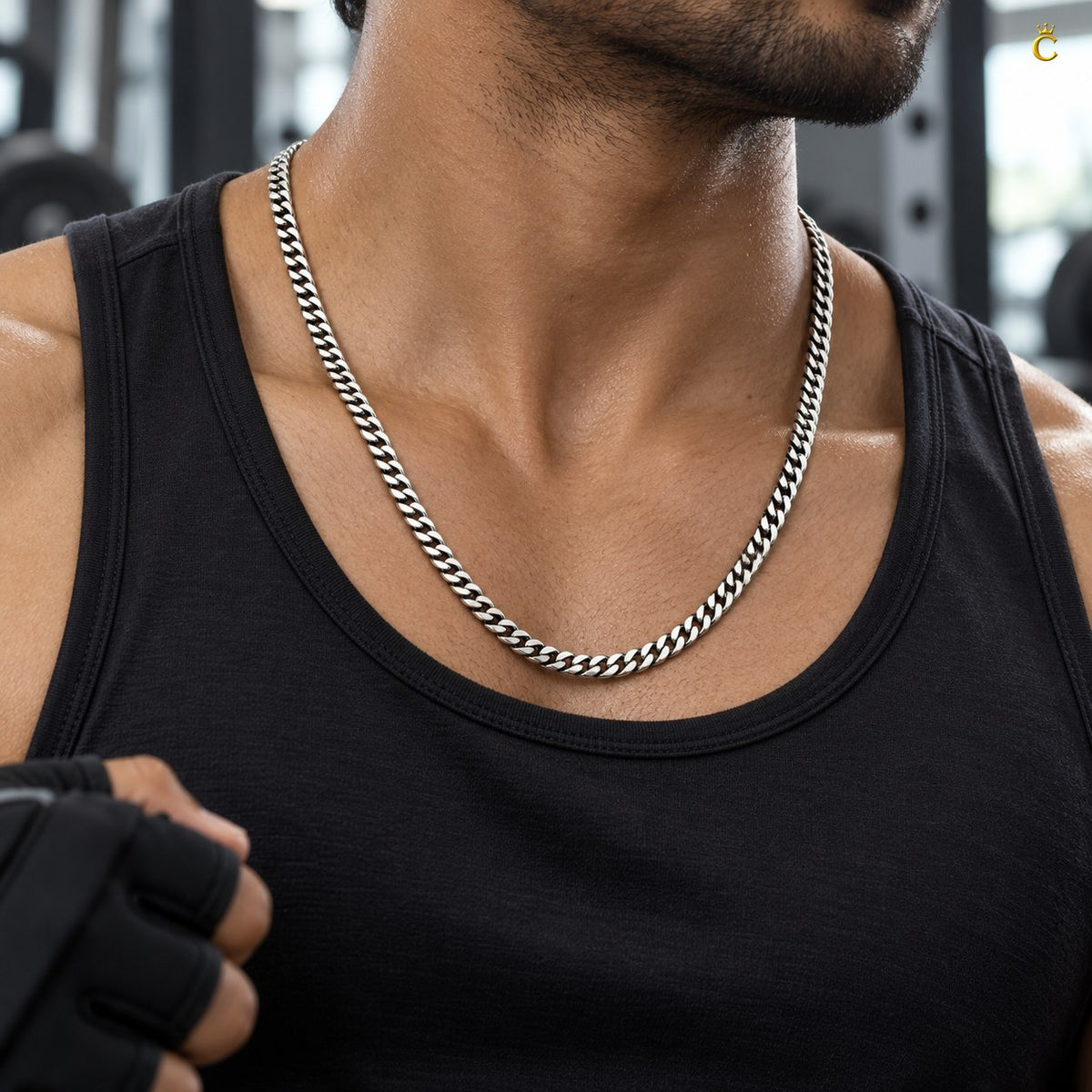 Royal Cuban-link style bold oxidized. Silver chain