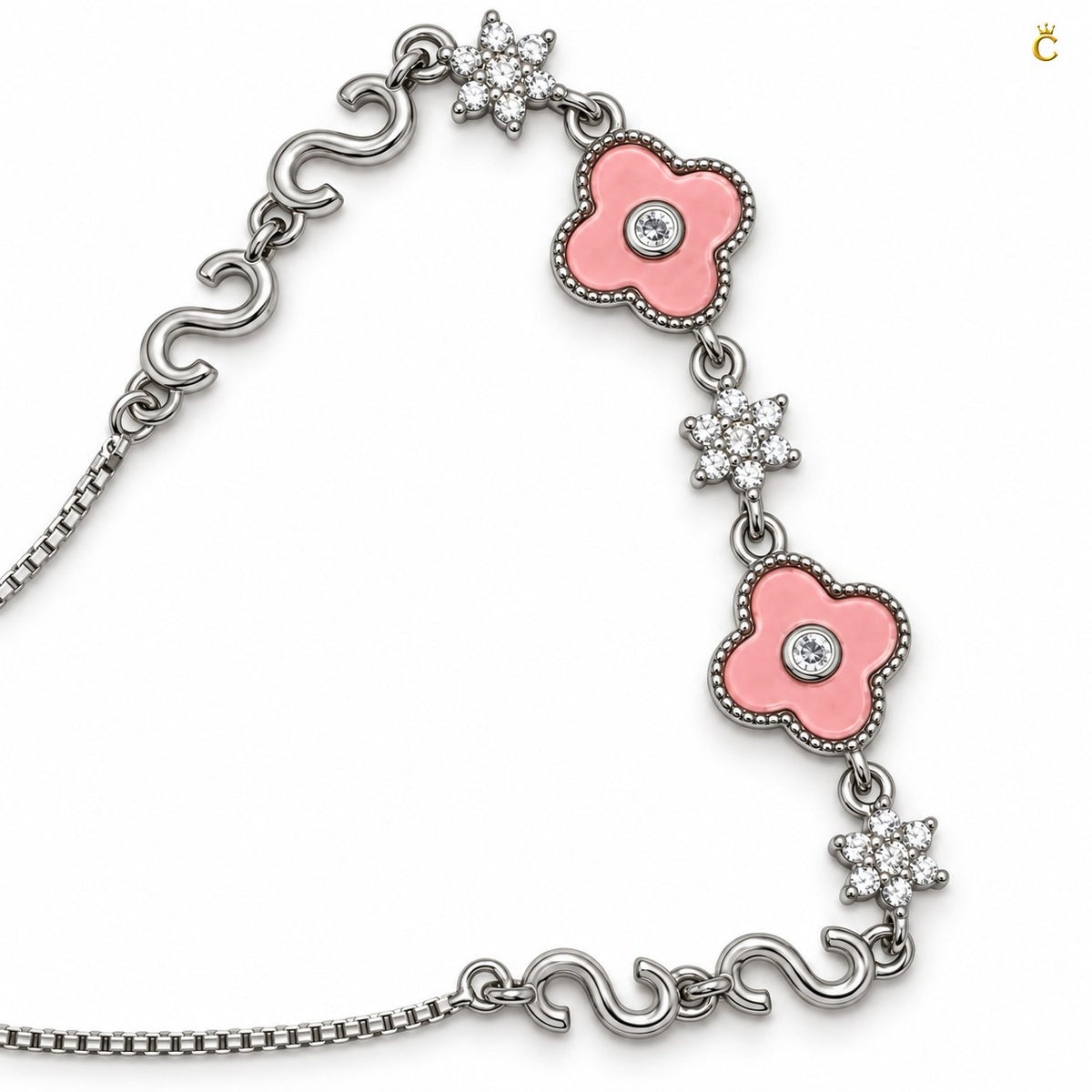 Elegant Silver pink floral adjustable /slider bracelet