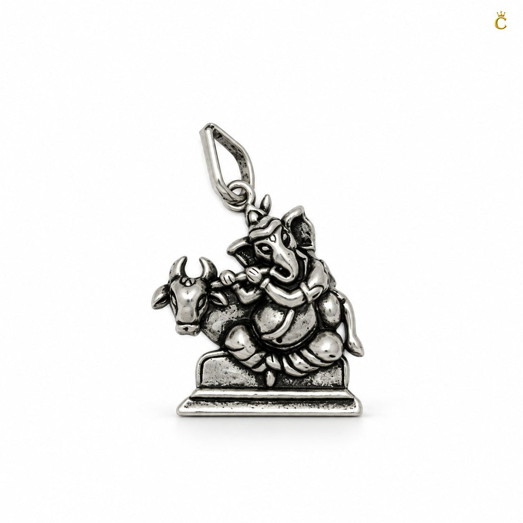 Oxidized Lord Ganesha with Bansuri and Holy cow Silver pendant