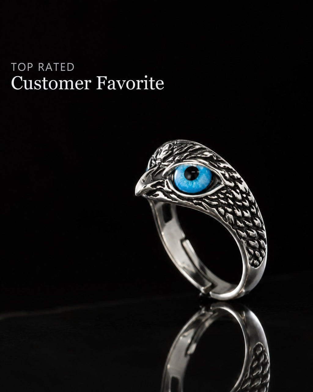 Vivid Blue-Eyed Owl Adjustable Silver Ring