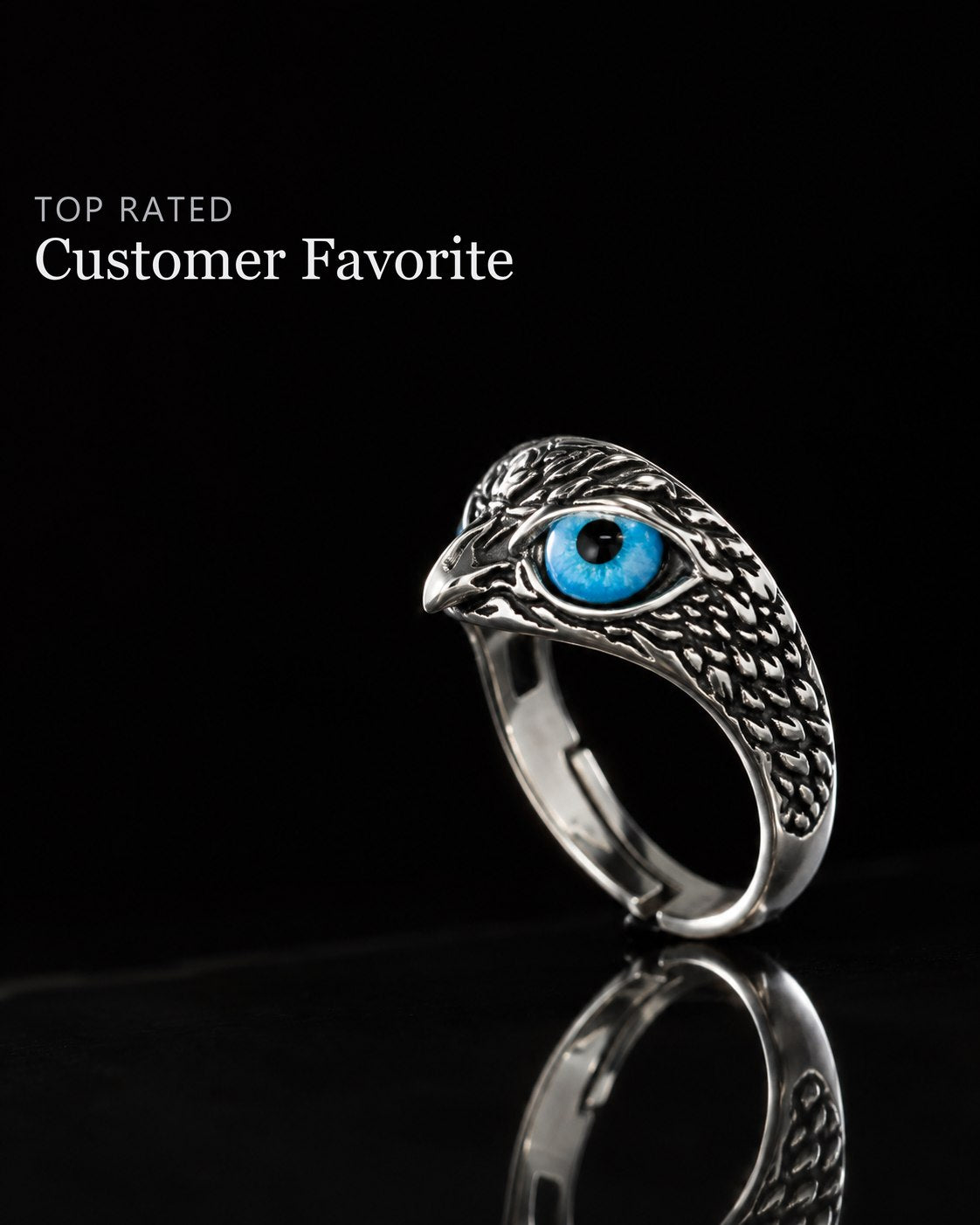 Vivid Blue-Eyed Owl Adjustable Silver Ring