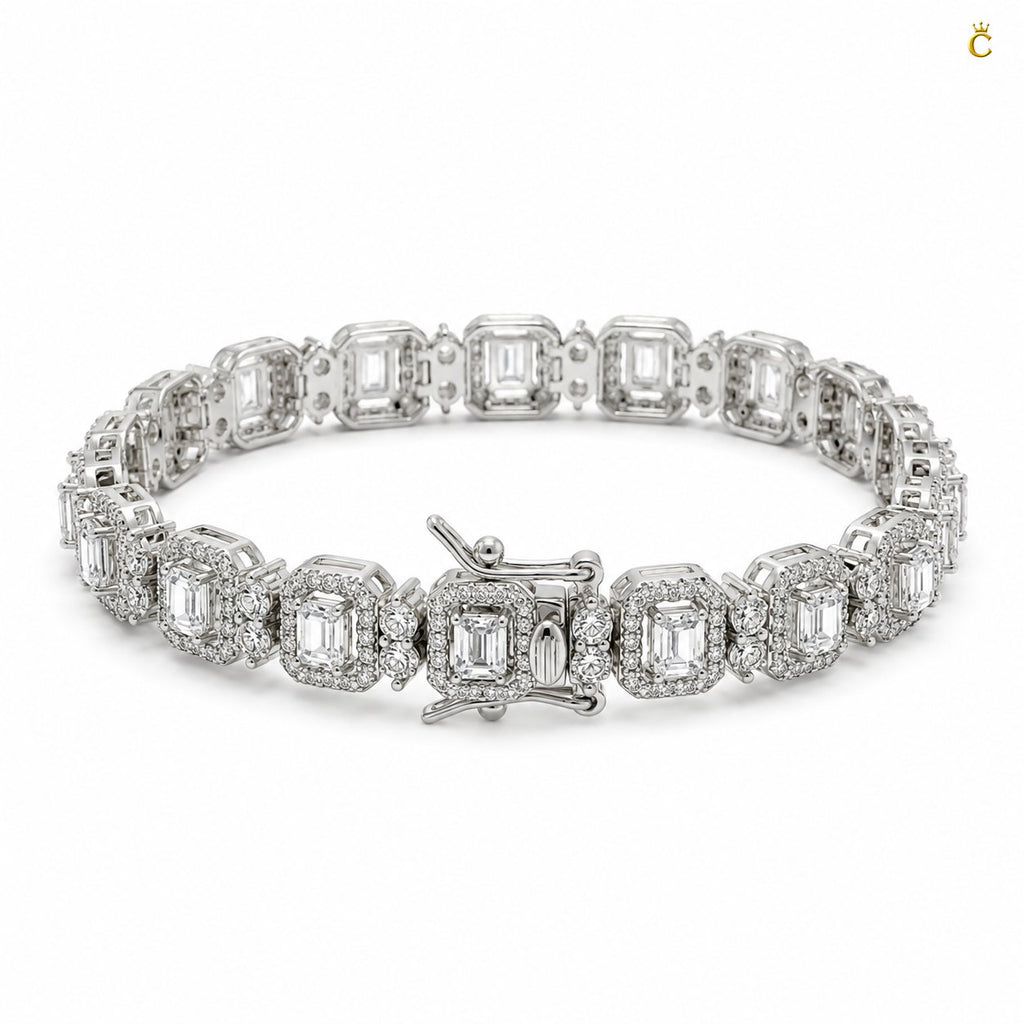 Emerald Cut Halo Diamond Link Silver Bracelet