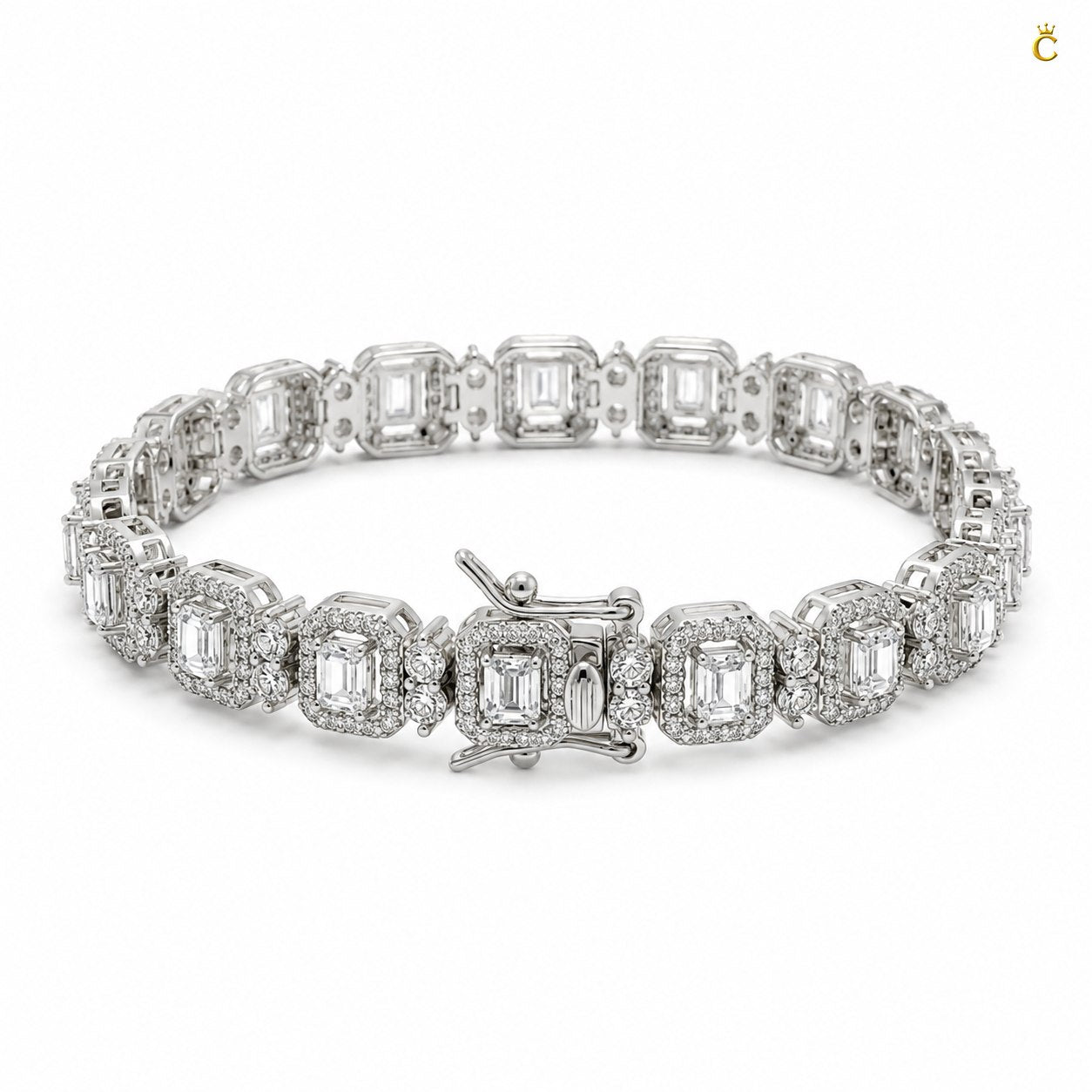 Emerald Cut Halo Diamond Link Silver Bracelet