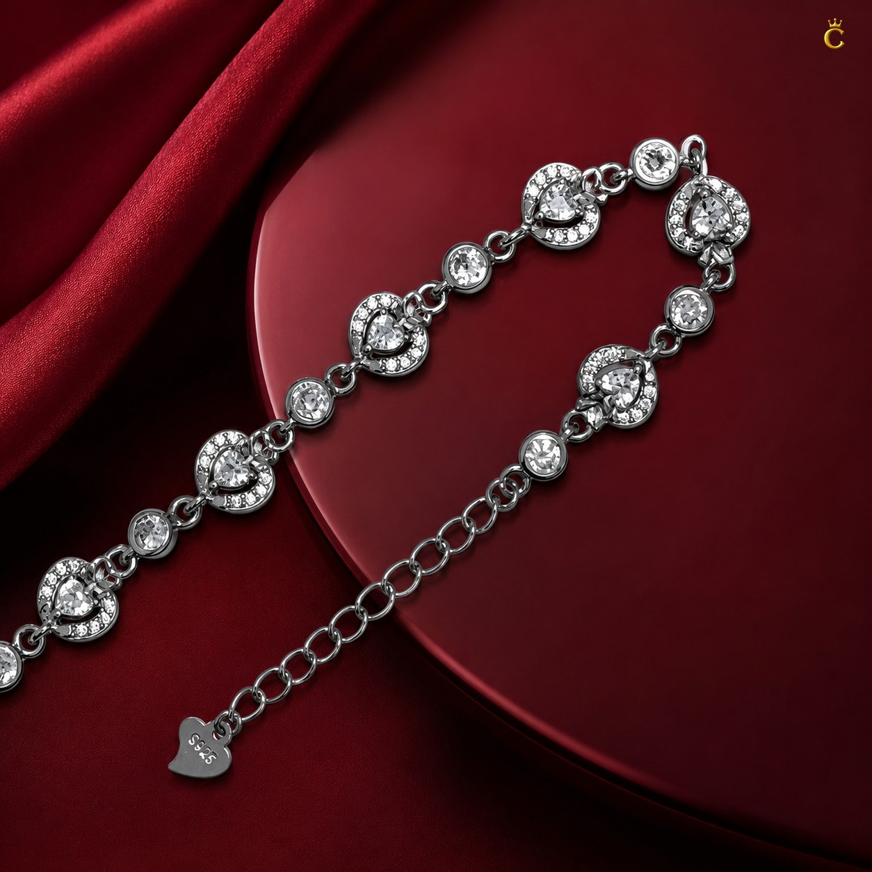Interlinked Heart and Round Halo Silver Bracelet