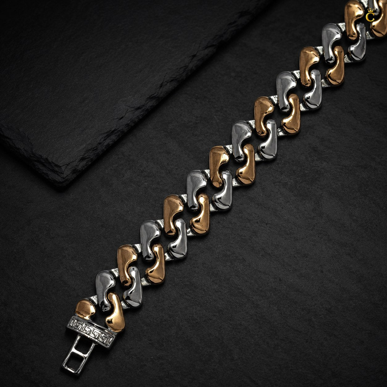 Premium Men's Two-Tone Silver and Rose Gold Accent Link Bracelet