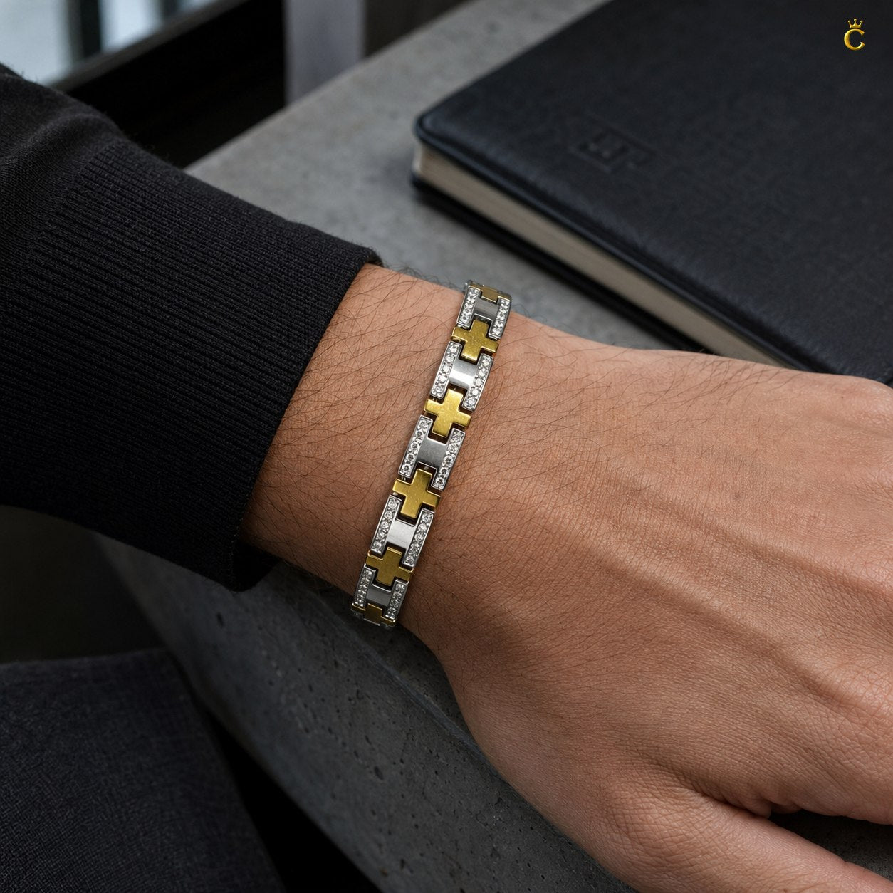 Men's Silver and Gold Toned Link Bracelet with CZ Accents