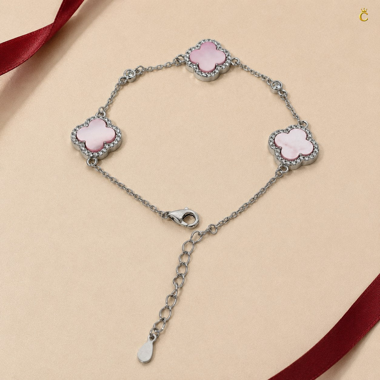 Celestora- Blush Pink three Clovers Zircon studs Van cliff Bracelet