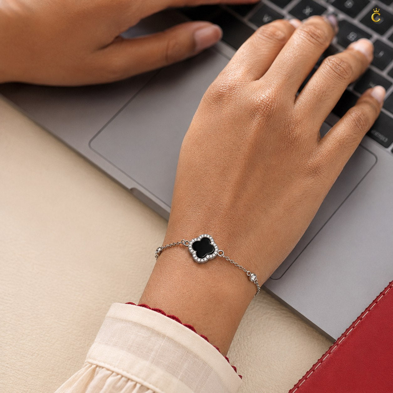 Celestora Onyx Black Clover with Zircon studded Van cliff Bracelet
