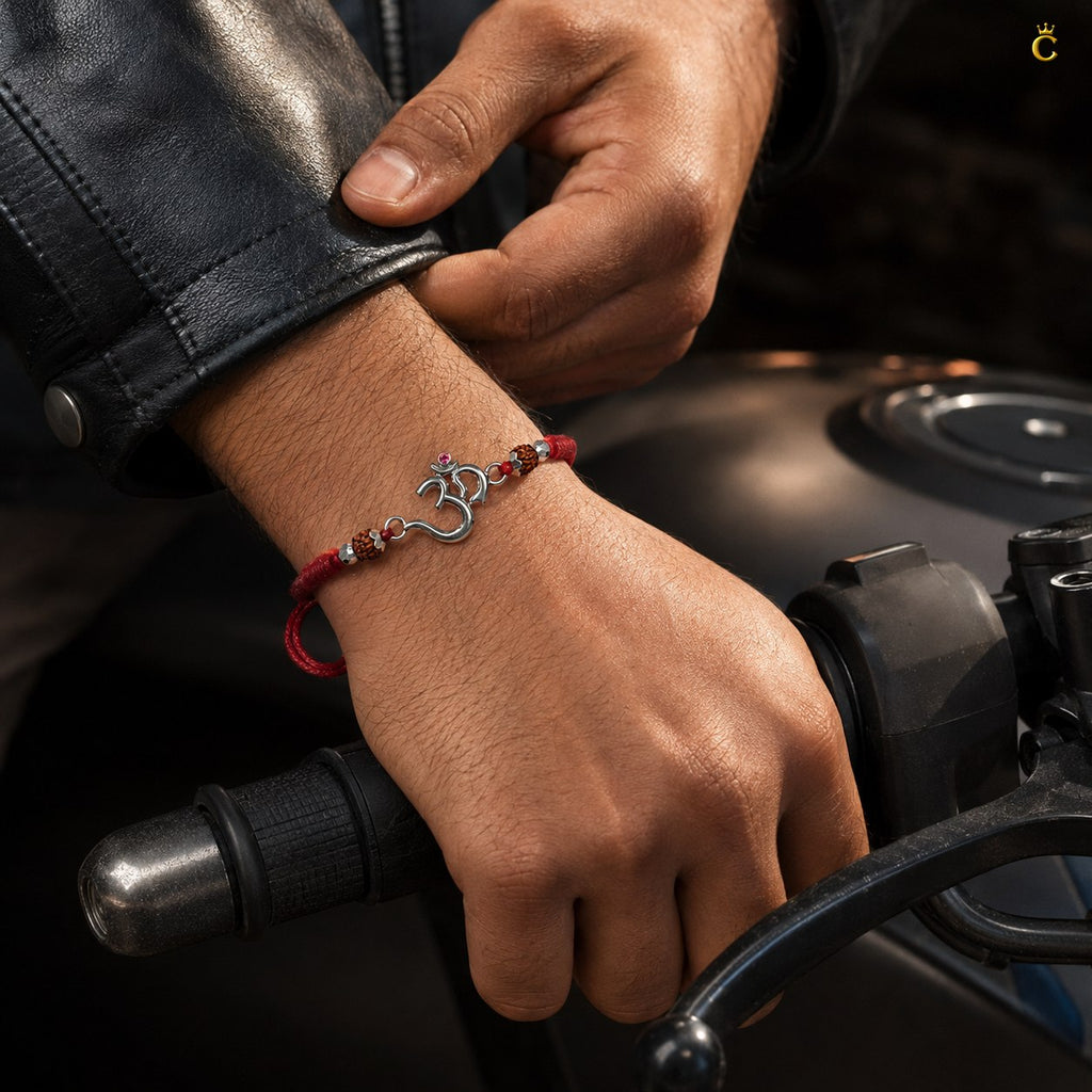 Celestora-Silver Om Rudra with traditional red-yellow sacred thread Rakhi/Bracelet