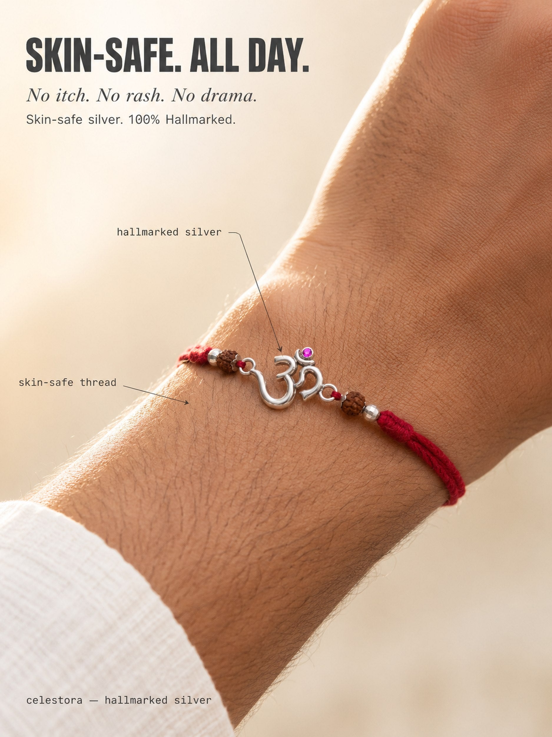 Celestora-Silver Om Rudra with traditional red-yellow sacred thread Rakhi/Bracelet
