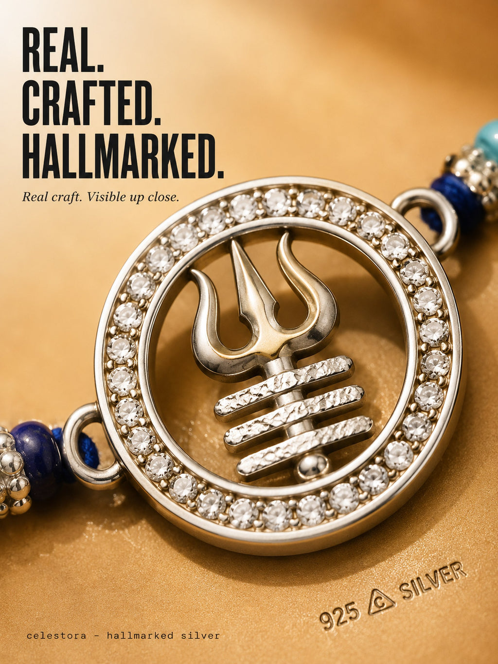 Celestora-Silver Trishul with Tripund, CZ stones, and blue spiritual beads Rakhi/Bracelet