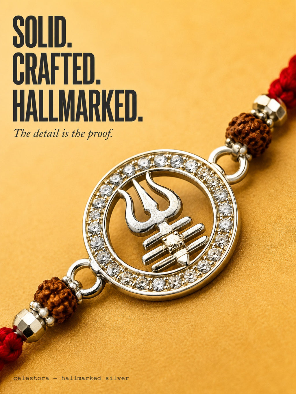 Silver Trishul Rakhi with Rudraksha and CZ stone & Mauli Dhaga