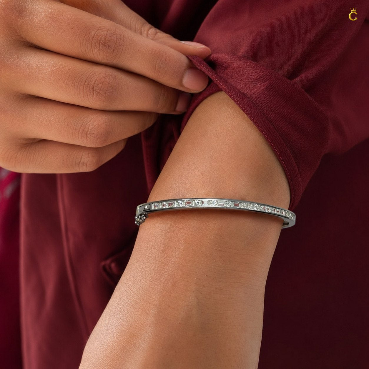 Silver Stone Studded Hinged Bangle