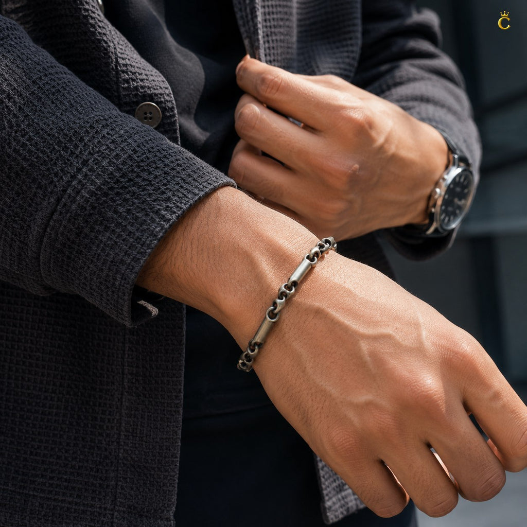 Oxidized Silver Bar Link Bracelet for Men
