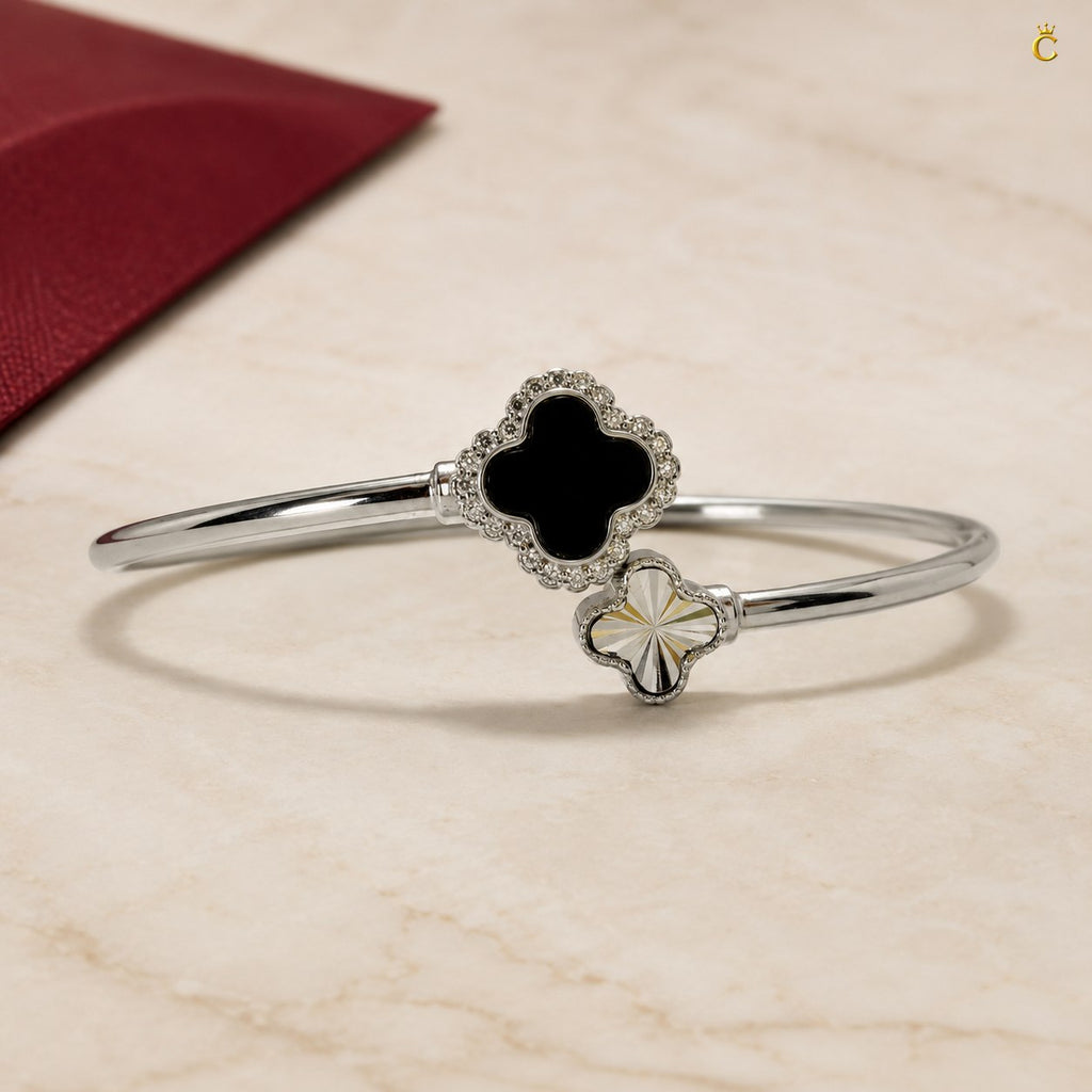 Celestora-Silver Open Cuff/Kada with a Black & Silver clover motif Vancliff design