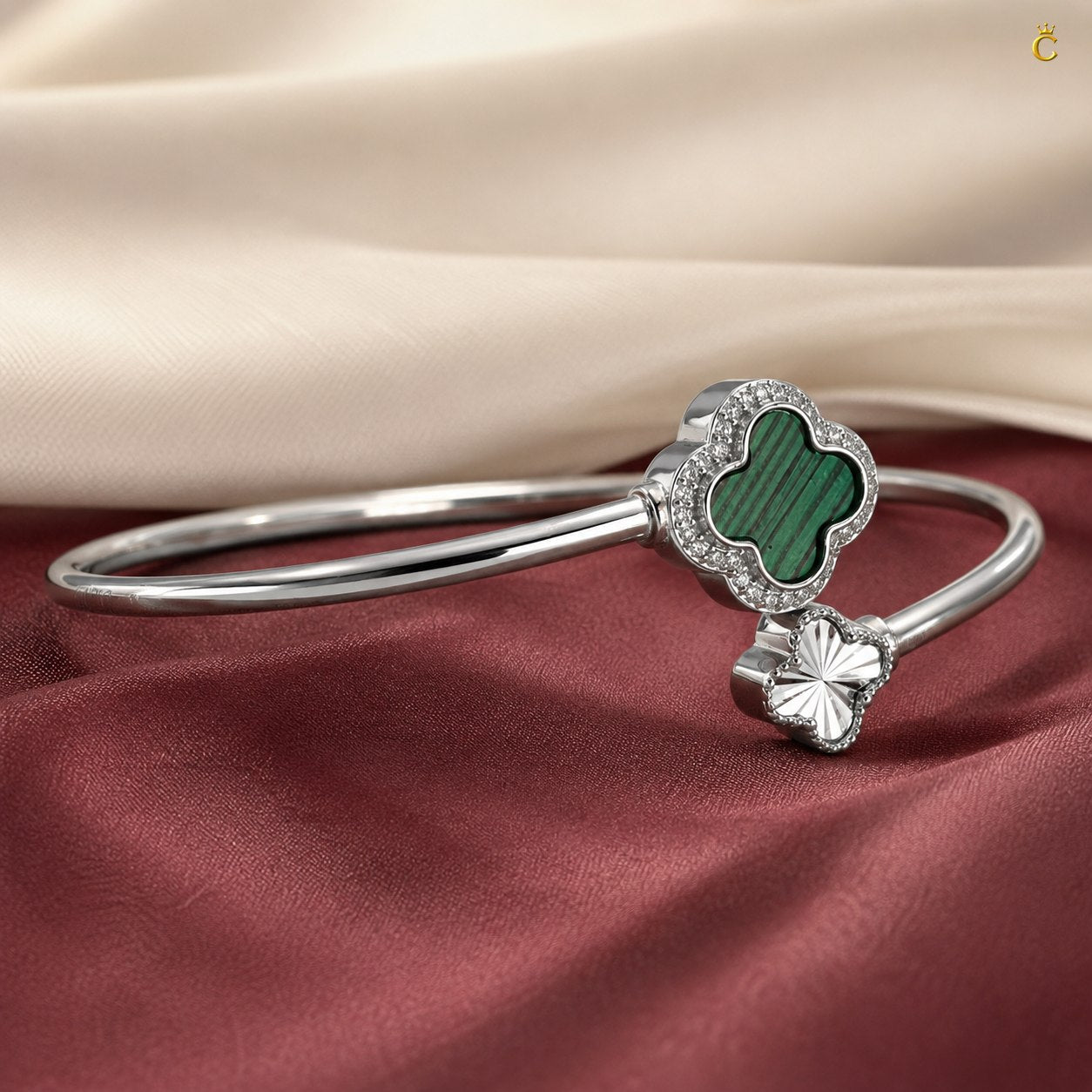 Celestora-Silver Open Cuff /Kada Van-cliff design with a Green & Silver clover motif