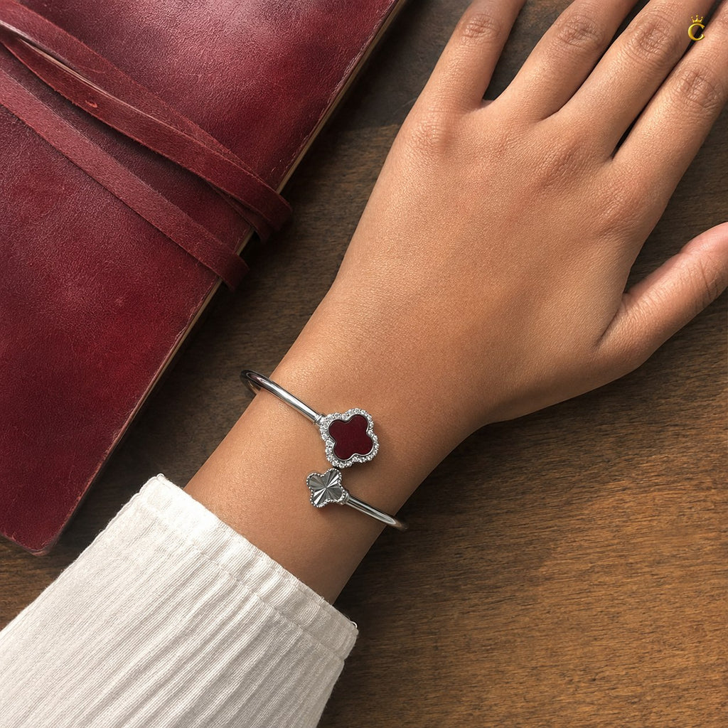 Celestora- Silver Van cliff design Ruby Clover Open cuff/ Kada