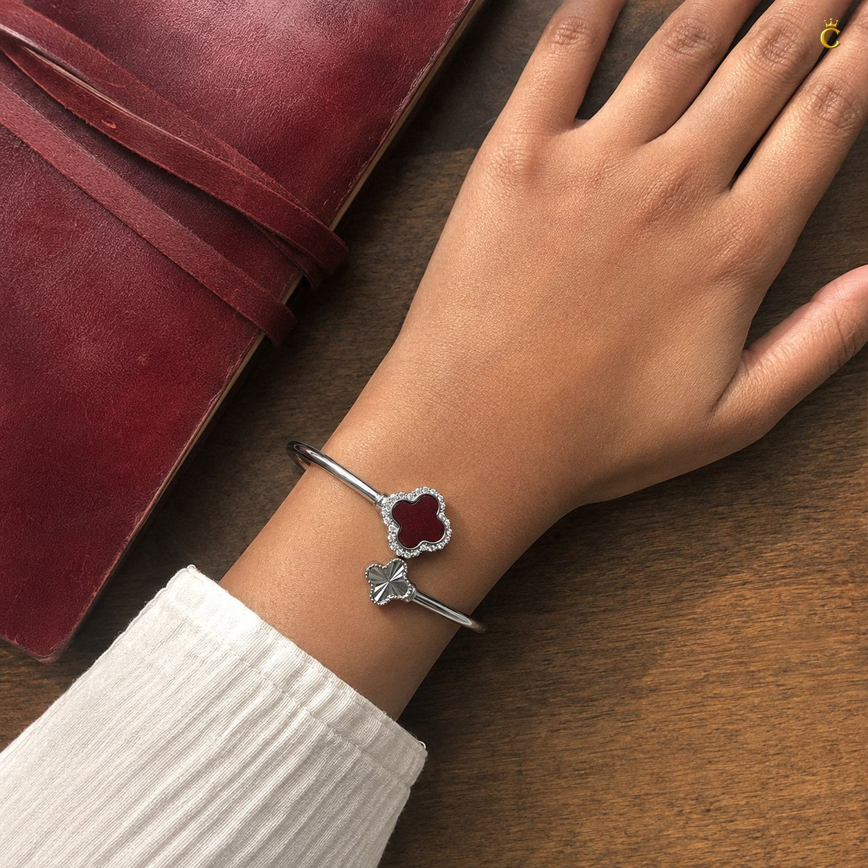 Celestora- Silver Van cliff design Ruby Clover Open cuff/ Kada