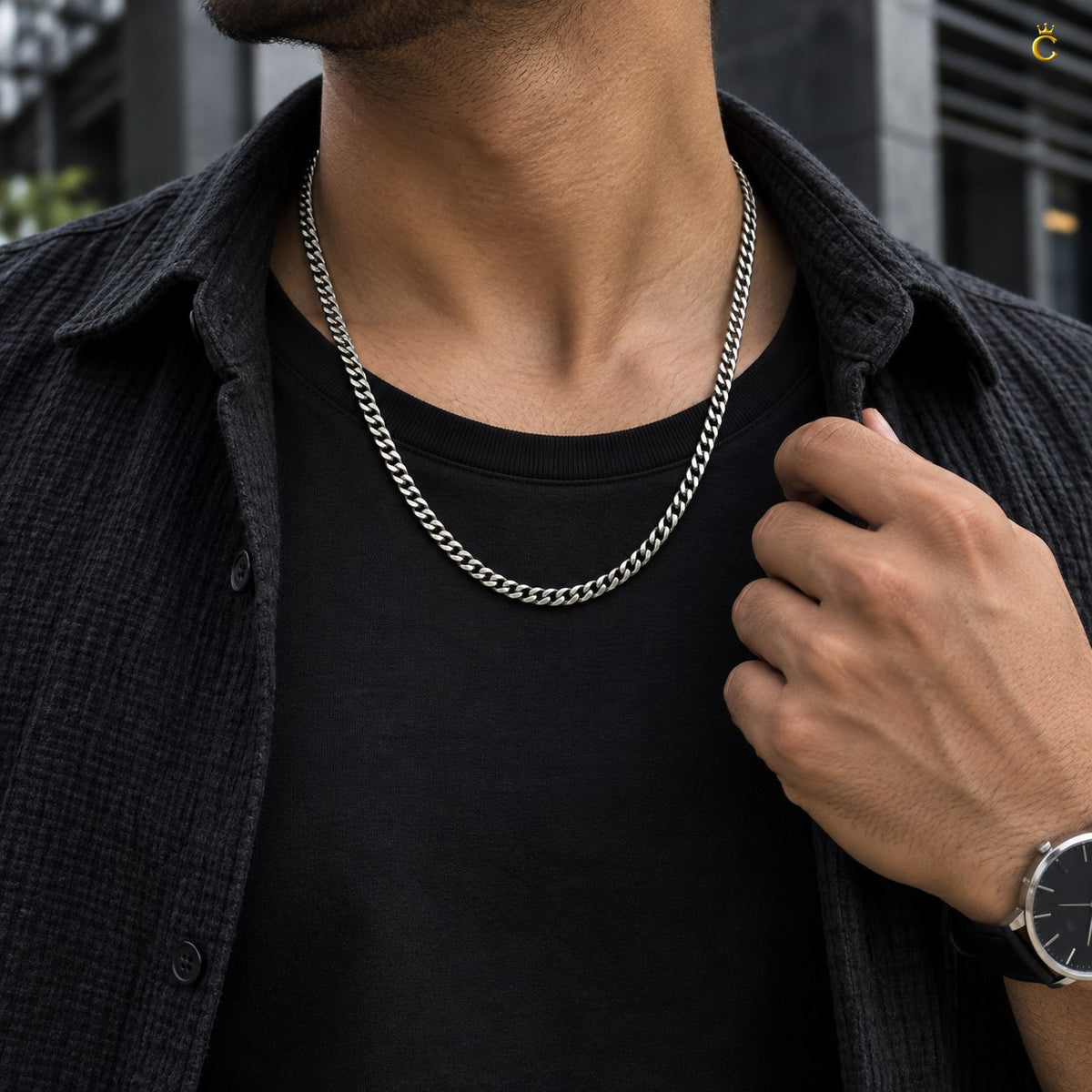 Royal Cuban-link style bold oxidized. Silver chain