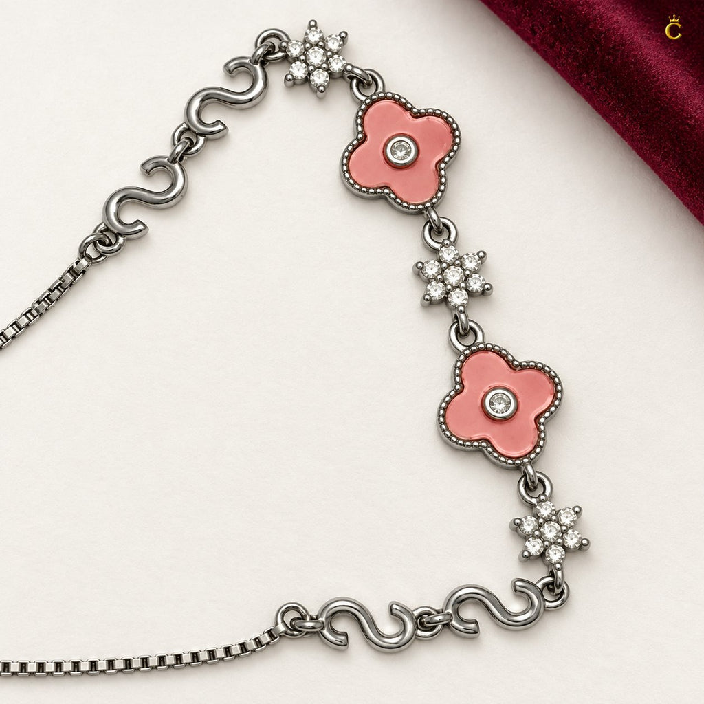 Elegant Silver pink floral adjustable /slider bracelet