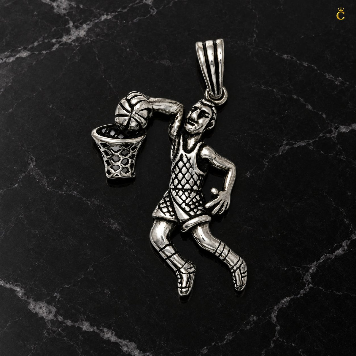 Peimium oxidized silver basket ball champ pendant