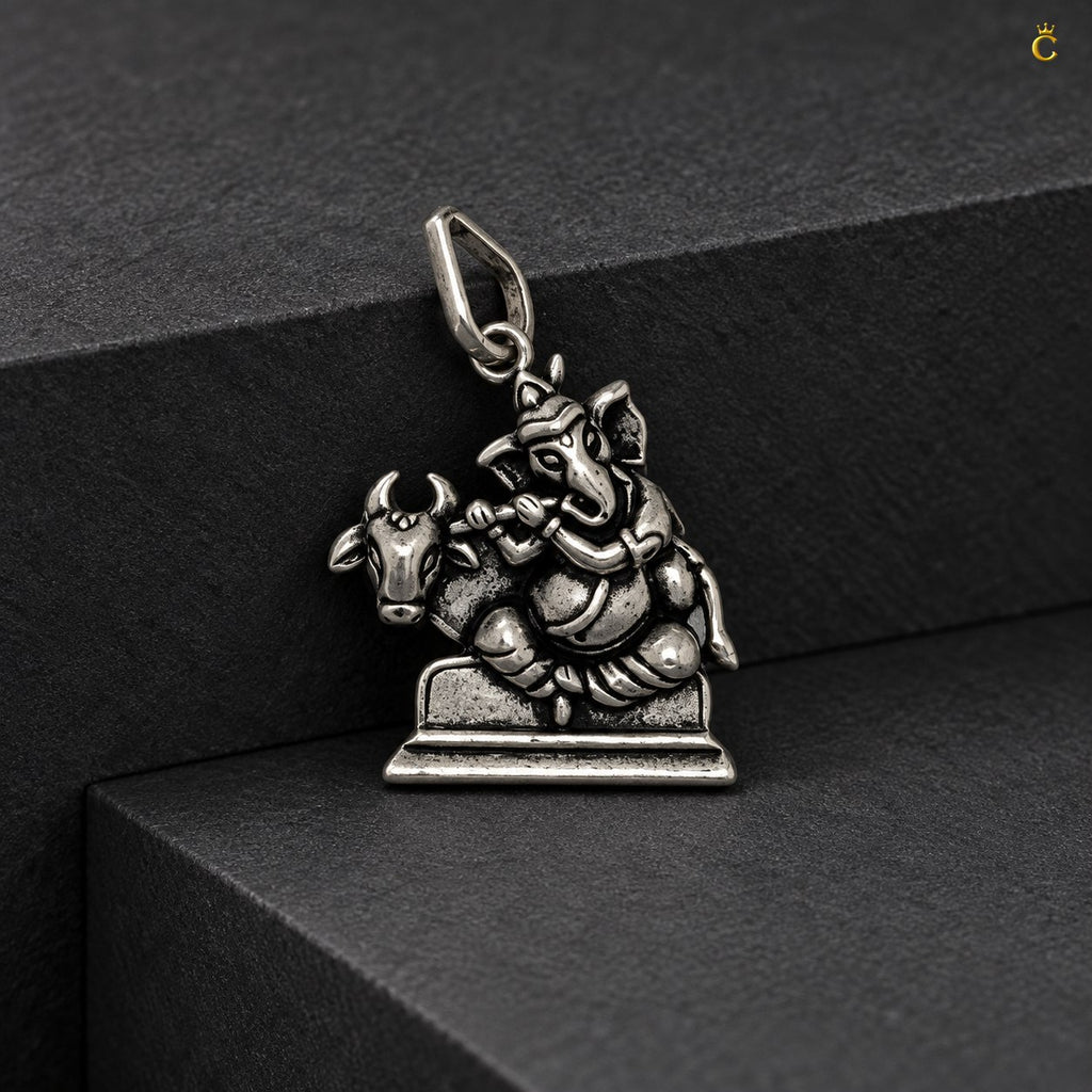Oxidized Lord Ganesha with Bansuri and Holy cow Silver pendant