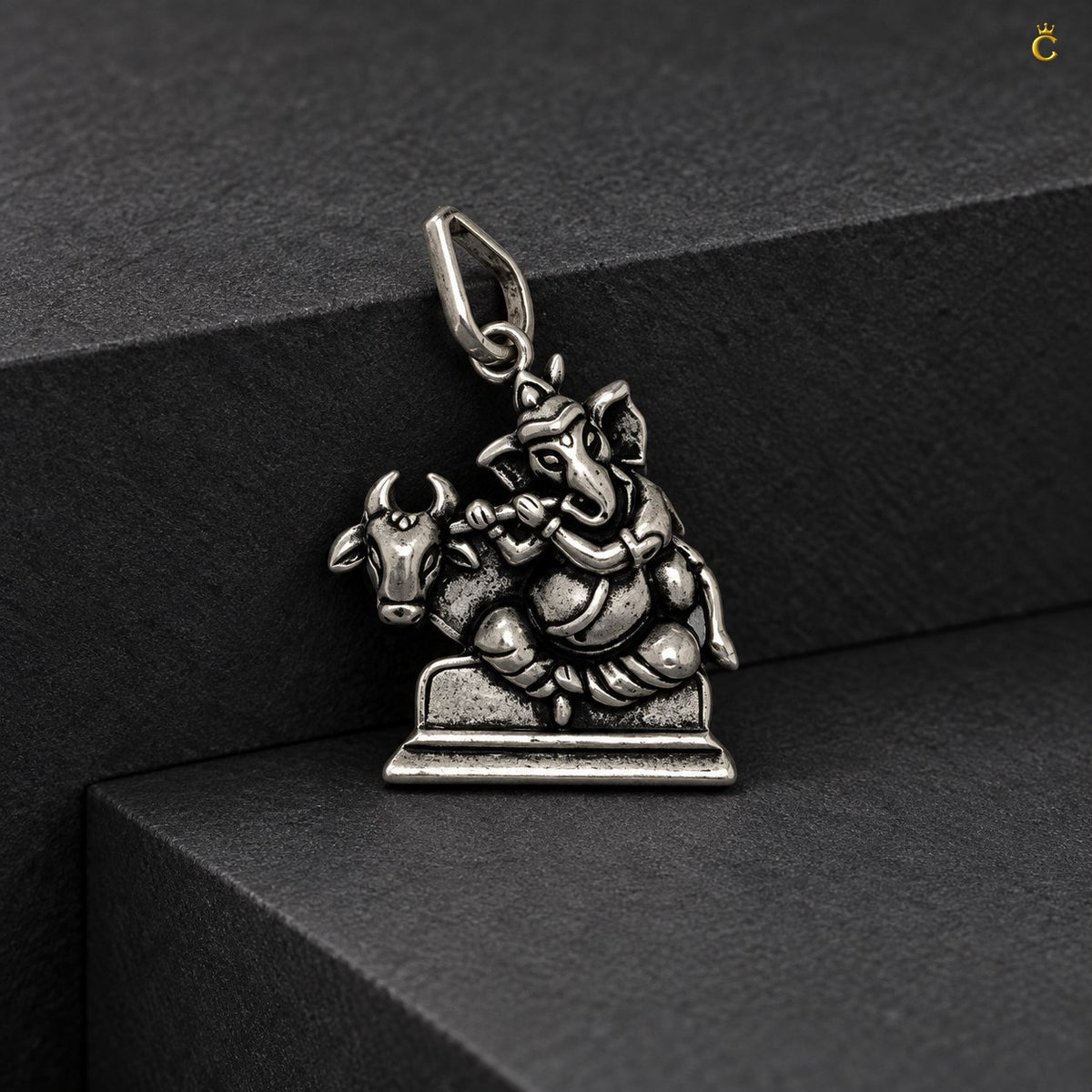 Oxidized Lord Ganesha with Bansuri and Holy cow Silver pendant