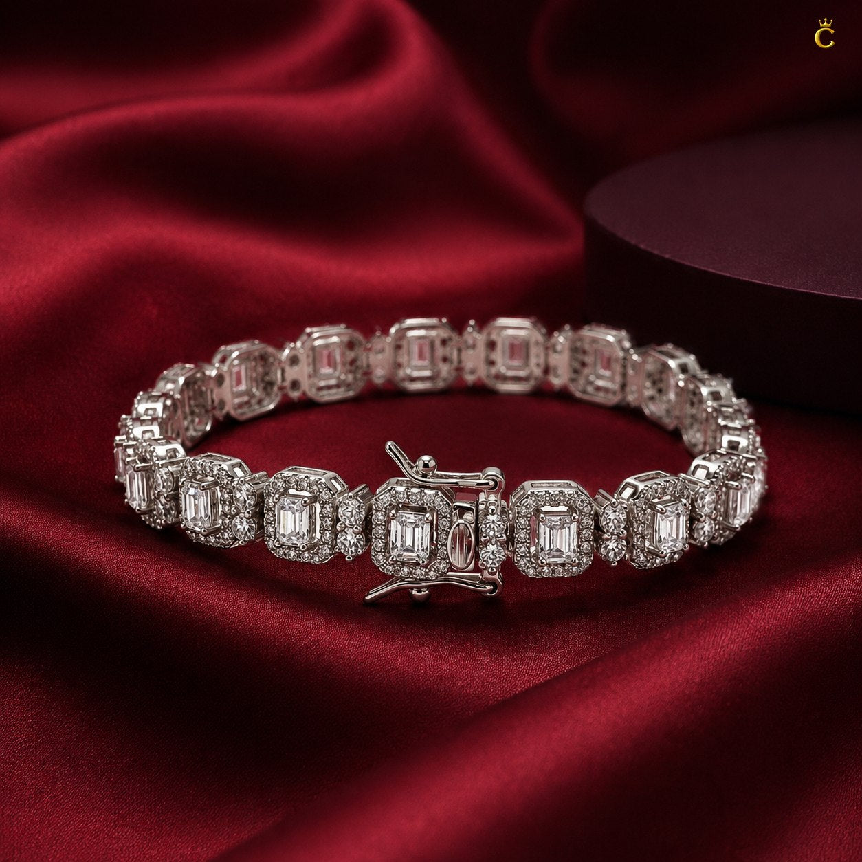 Emerald Cut Halo Diamond Link Silver Bracelet