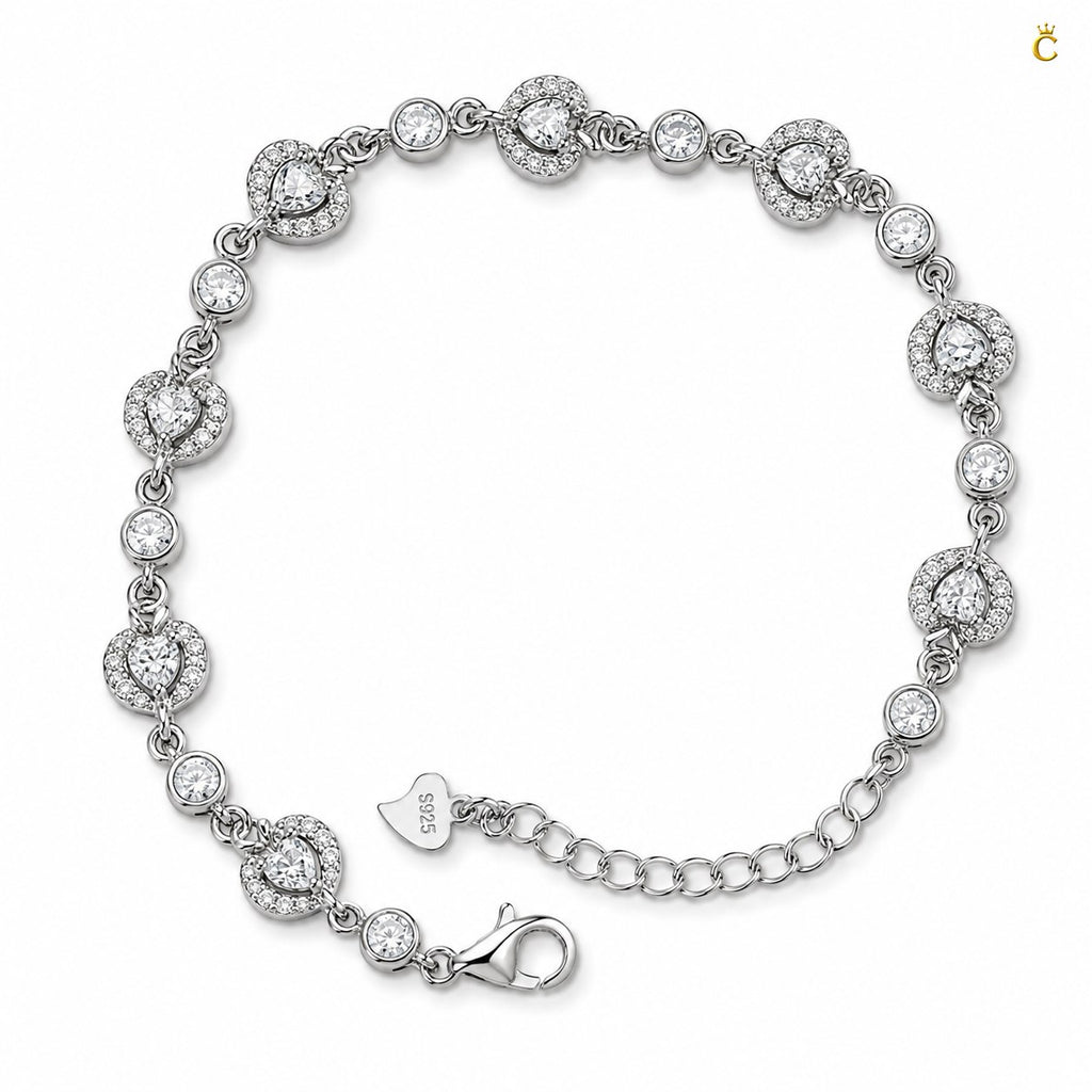 Interlinked Heart and Round Halo Silver Bracelet
