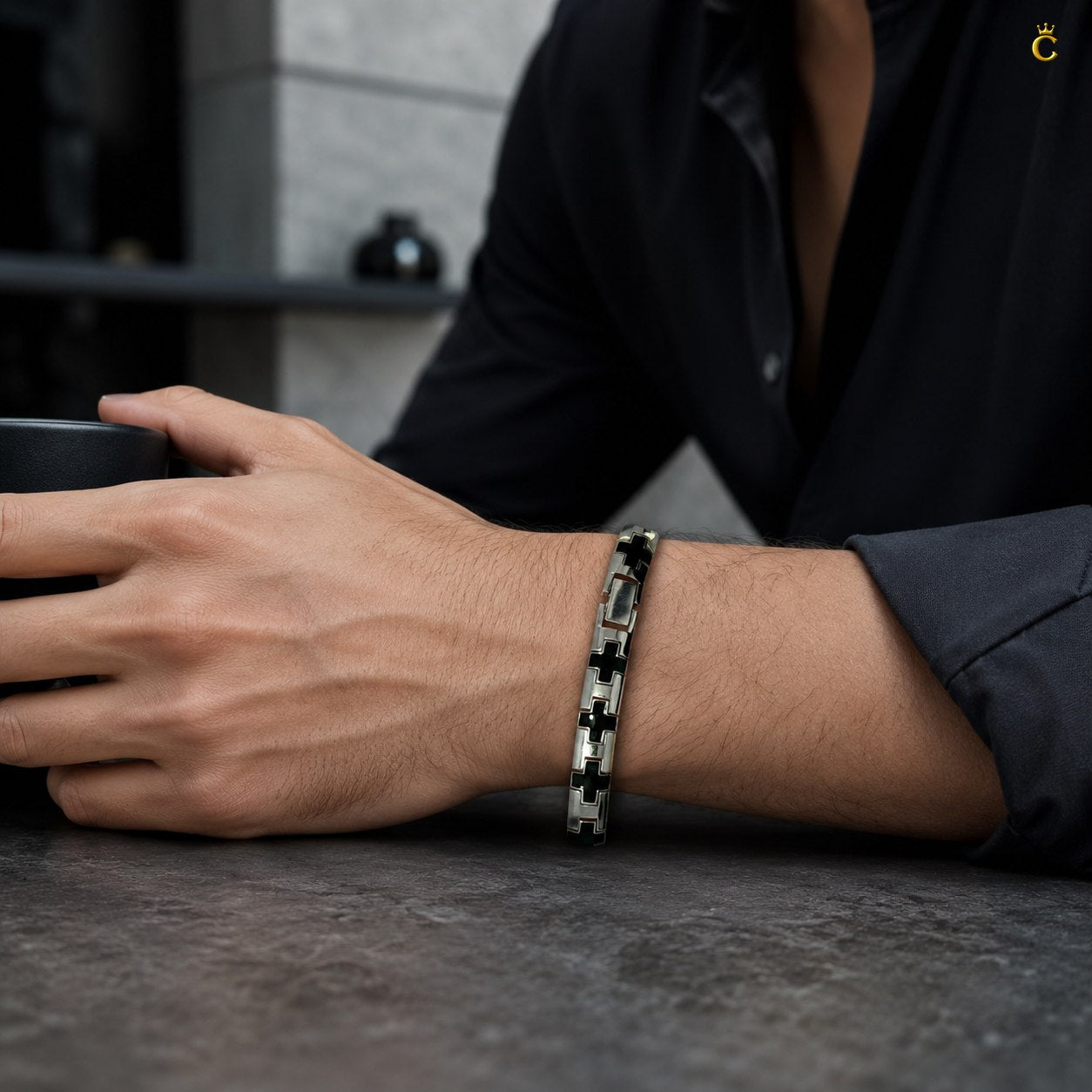Men's Silver Black Cross Link Bracelet