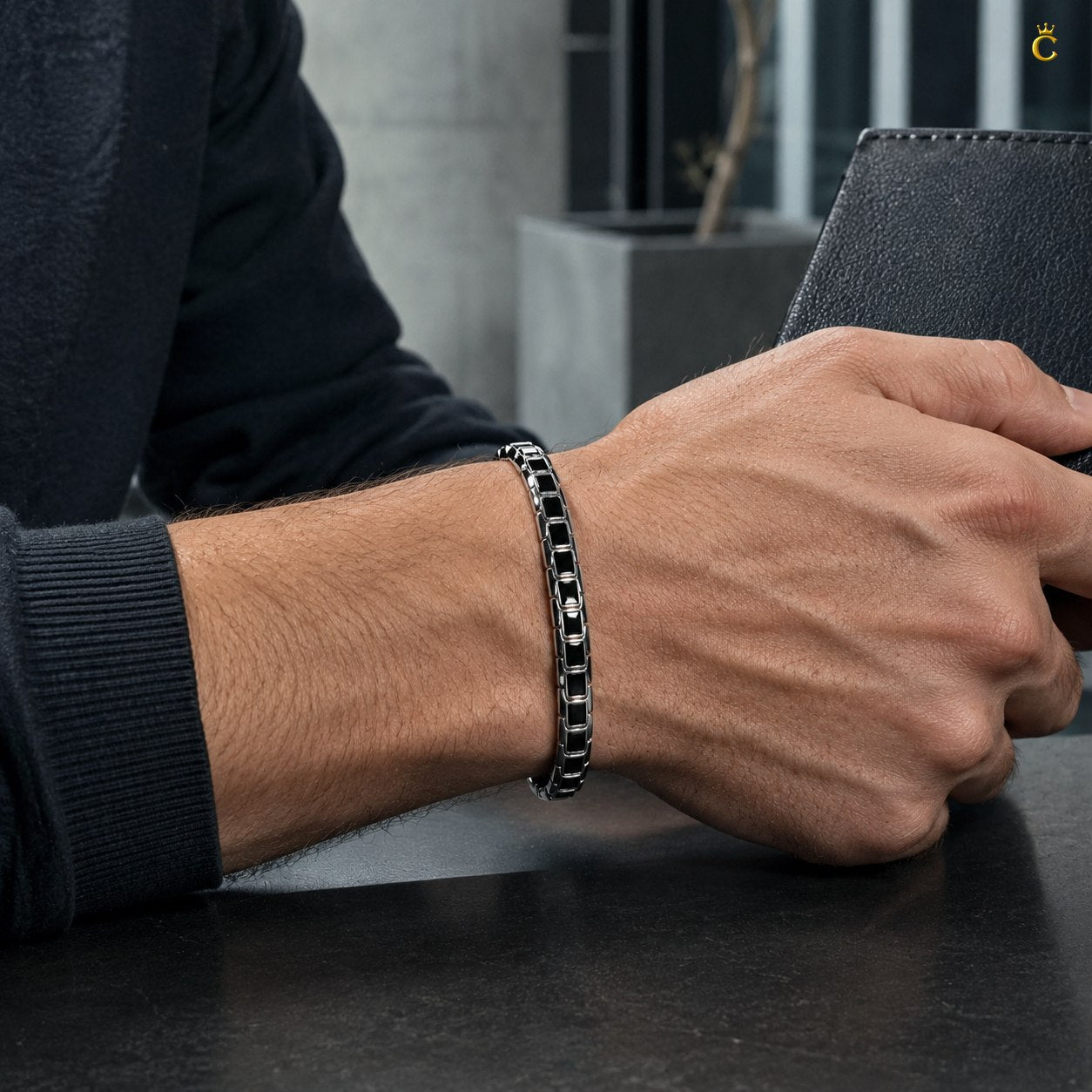 Men's Silver Geometric Link Bracelet with Black Inlay