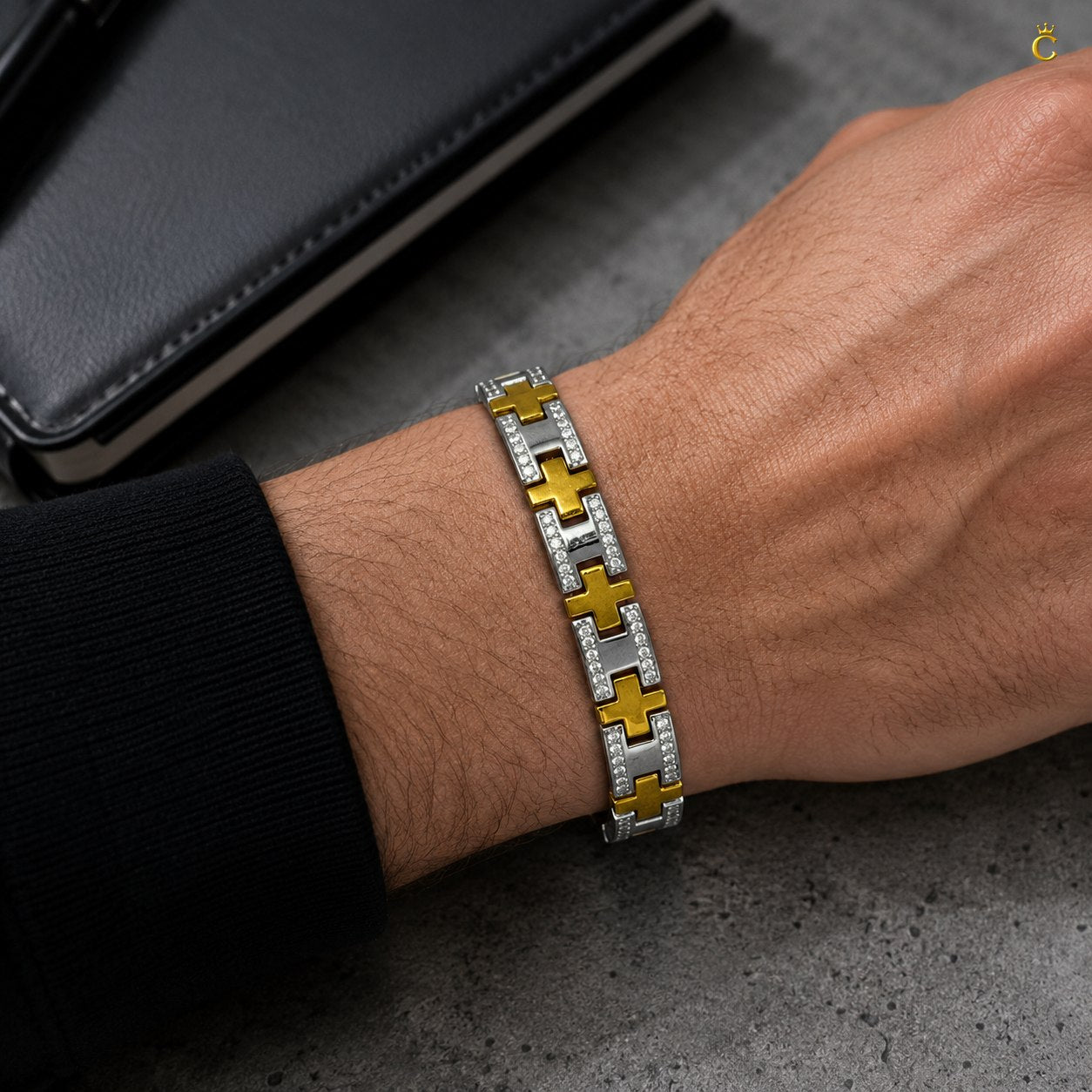 Men's Silver and Gold Toned Link Bracelet with CZ Accents