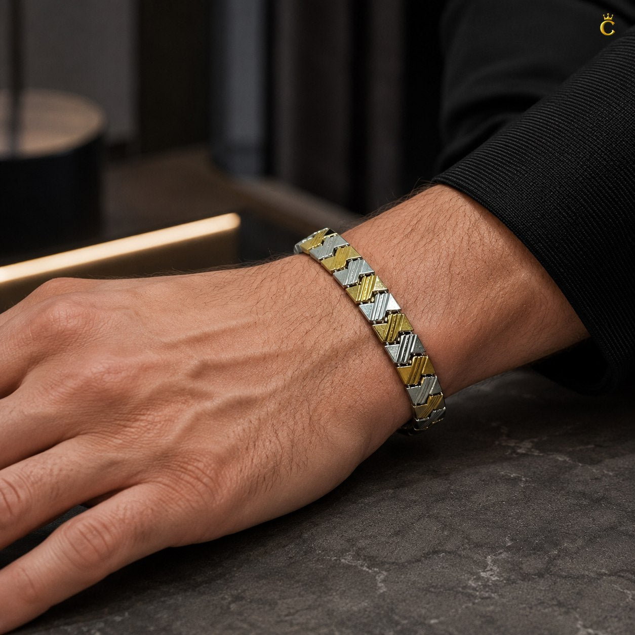 Dual-Tone Geometric Link Silver Bracelet for Men
